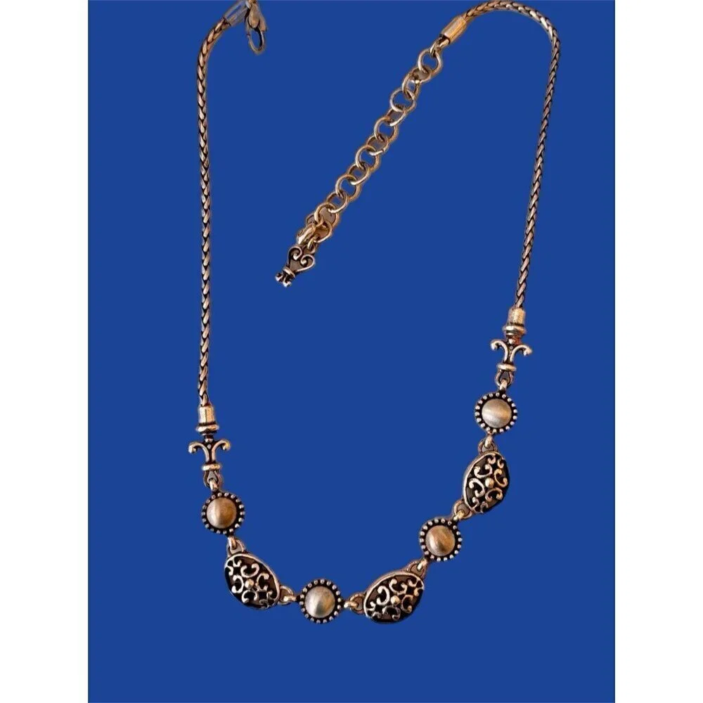Brighton BARCELONA Silver Cut-Out Scrolled Oval Brushed Links Necklace.